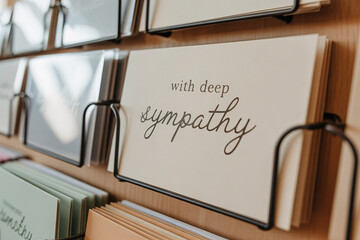 Condolence card with "With deep sympathy" text displayed in a shop card rack. Concept of grief and loss