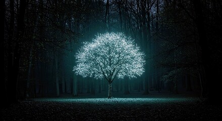Ethereal Glowing Tree in an Ominous Dark Woodland