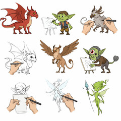 Fantasy Creatures Come to Life Through Art: A Creative Journey from Sketch to Vibrant Illustration of Dragons, Griffins, Goblins, and Fairies.