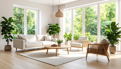 Bright Scandinavian living room interior with large windows sofa armchairs and plants