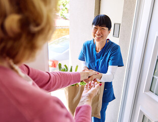 Doctor or nurse caregiver woman with senior woman at home or nursing home, a caregiver standing on...