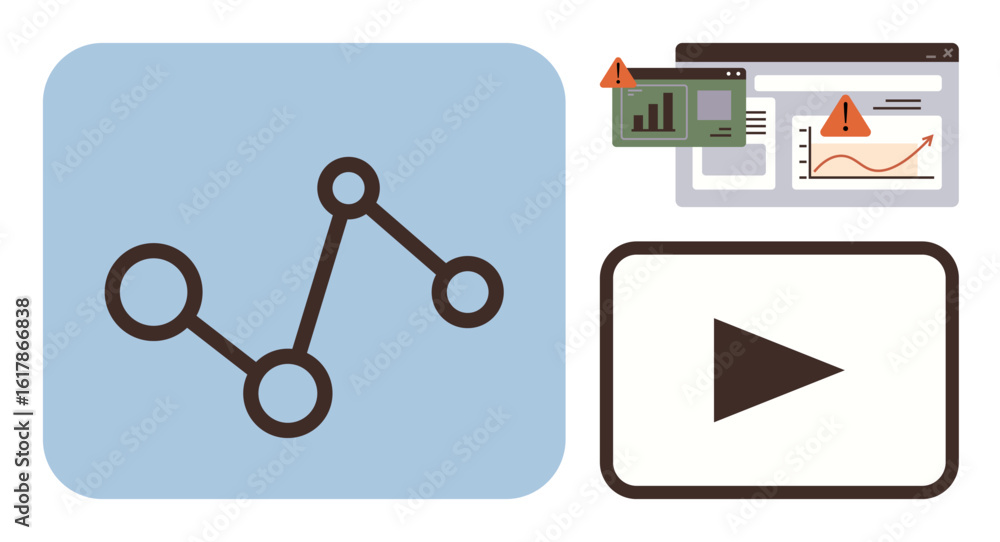 Poster connected nodes on blue background, warning signs on analytics screens, video play button. ideal for