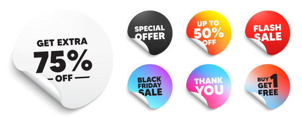 Extra discount sticker tag. Special offer paper price tags. Get Extra 75 percent off Sale. Discount offer price sign. Special offer symbol. Save 75 percentages. Discount, black friday sticker. Vector