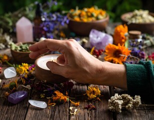 Wellness & Self-Care: Hand Dipping into Natural Ointment Surrounded by Herbs

