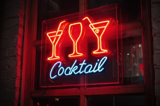 Neon Cocktail Sign. Light up Bar Windows with Colorful Glassware and Party Ambiance - Powered by Adobe