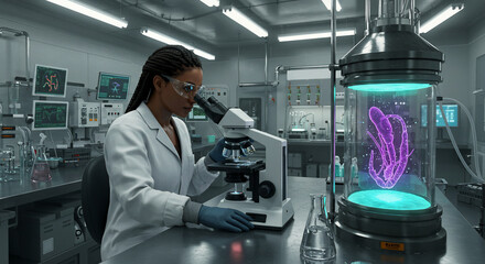 Laboratory research scientist analyzing sample under microscope