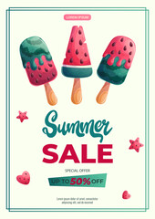A design template for a summer flyer with watermelon ice cream. The concept of summer, summer sale. Vector illustration in A4 format for posters, banners, promotions, advertisements