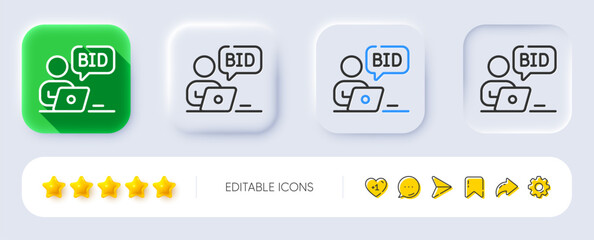 Online auction line icon. Neumorphic, Flat shadow, 3d buttons. Bid offer sign. Raise the price up symbol. Line online auction icon. Social media icons. Vector