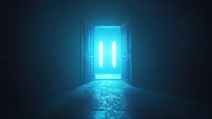 Open door revealing bright blue neon light.
