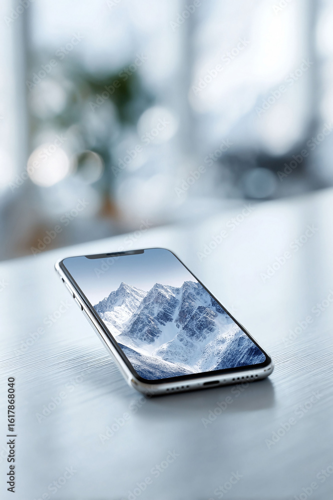 Poster modern mobile phone with snowy mountain range displayed on screen, lying on a bright surface. concep