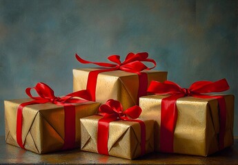 Obraz premium Photo of beautifully wrapped Christmas gifts with red ribbons placed on a textured gray background
