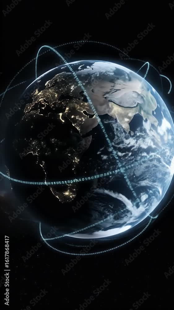 Poster digital 3d animated earth with orbital networks against a starry space background