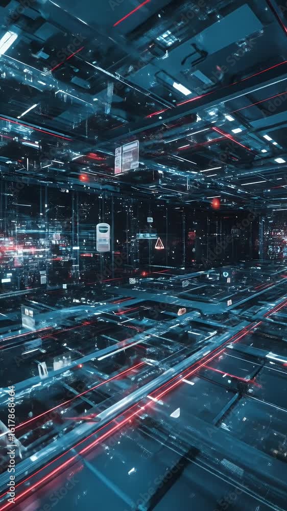 Poster digital abstract illustration featuring blue and red lines and pixelated structure