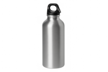 Sleek metallic water bottle featuring black cap, supporting eco-friendly hydration against clear backdrop