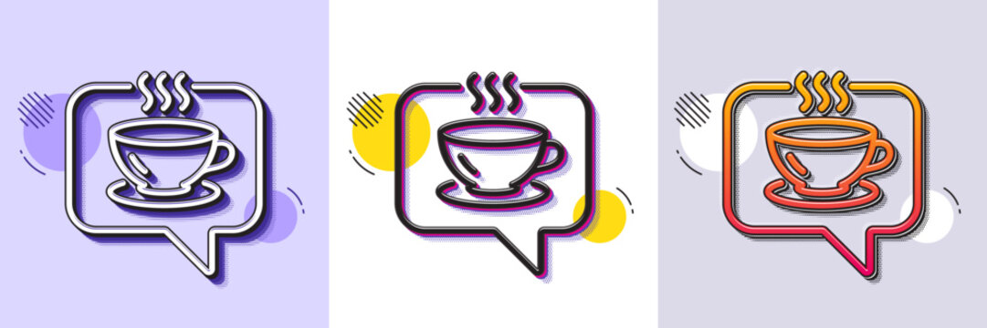 Hot coffee line icon. Halftone dotted pattern. Gradient icon with grain shadow. Tea drink sign. Cafe symbol. Line coffee icon. Various designs. Vector - Powered by Adobe