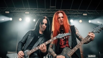 Vibrant stage rock band performance of electrifying guitar solo powerful female guitarist and vocalist unforgettable energy