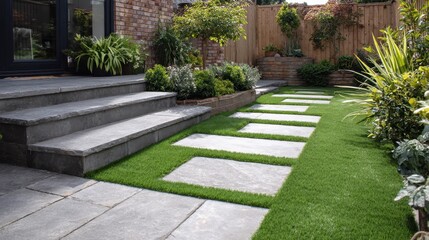 No Artificial. Residential Back Garden Landscaped with Light and Dark Grey Porcelain Paving Slabs and Grass