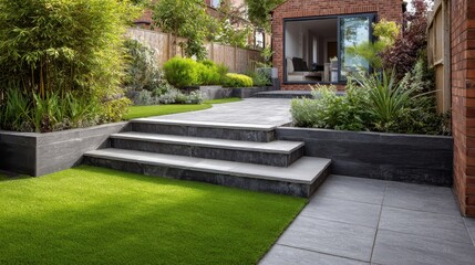 Obraz premium No Artificial Garden: Landscaped Backyard with Grey Paving Slabs and Grass