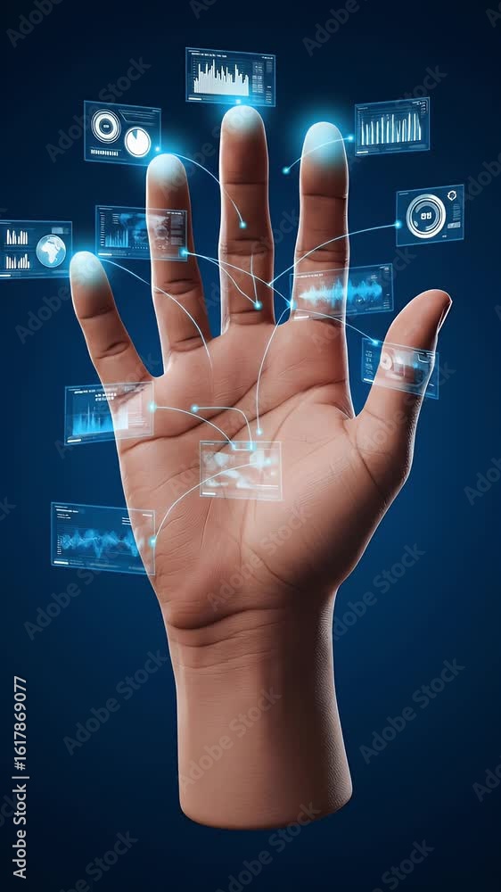 Poster digital futuristic hand interface with blue data display on dark background