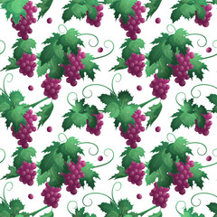 Seamless pattern with branches and clusters of red grapes, leaves, berries, vine. The concept of the wine festival, tasting. Vector illustration of the design of postcards, clothing, textiles, banners