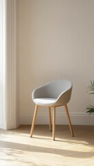 Elegant light gray dining chair featuring a padded seat and light wooden legs for modern home decor.