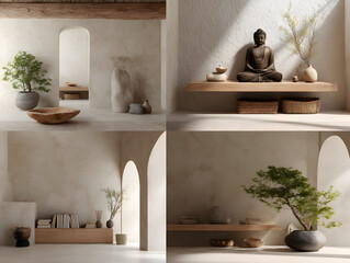 Mood board of a Wabi-Sabi interior style of prayer room.