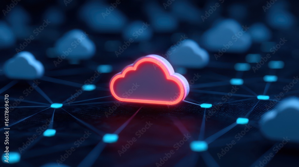 Poster a glowing cloud symbol amidst a network of digital nodes, representing zero trust cloud computing an