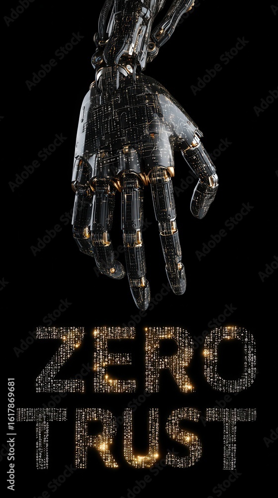 Poster zero trust and automation in security are depicted as a robotic hand reaching for the glowing phrase