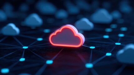 A glowing cloud symbol amidst a network of digital nodes, representing Zero Trust cloud computing and secure connectivity in a futuristic environment.