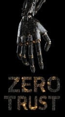 Zero Trust and automation in security are depicted as a robotic hand reaching for the glowing phrase, highlighting cybersecurity and technology themes.