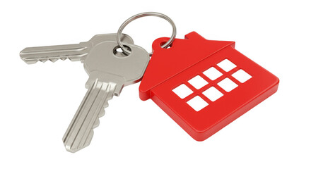 House key with red house keychain isolated on transparent background
