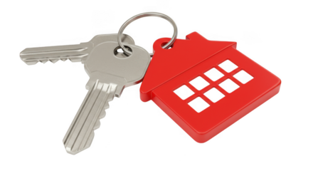 House key with red house keychain isolated on transparent background