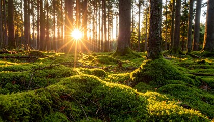 Sunset illuminating a lush, mossy forest floor