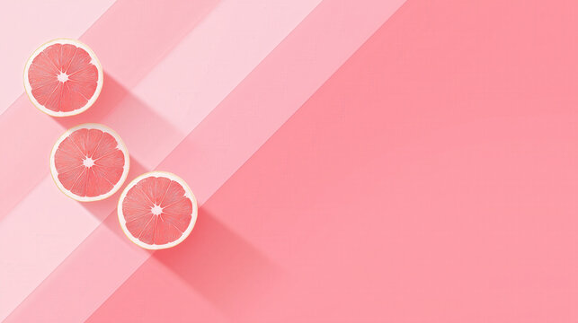 Fresh pink grapefruit halves casting soft shadows on pastel pink background create bright and refreshing summer vibe