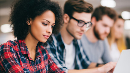 Young woman working on laptop with focused expression in casual office environment with diverse colleagues