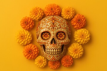 Dia de los Muertos Skull Surrounded by Flowers: A decorative skull is the centerpiece, enveloped by a ring of vibrant orange blossoms.