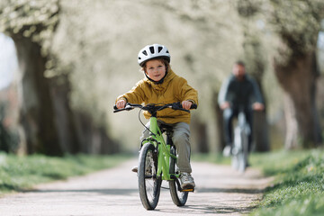 Fototapeta premium Joyful child cycles on a path lined with trees, wearing a helmet for safety. Represents childhood, learning, family time, and an active lifestyle. Great for ads, blogs, and educational content.