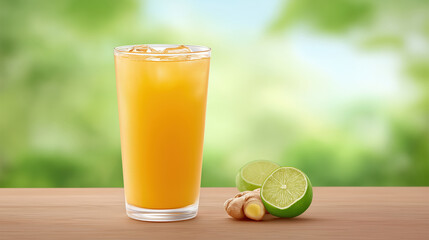 Fototapeta premium Cold orange juice with ice in glass on wooden table with fresh lime and ginger, refreshing healthy drink for summer enjoyment