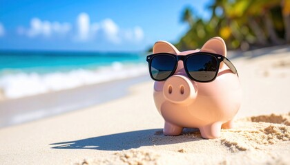 Piggy Bank on Tropical Beach: Saving for Summer Vacation