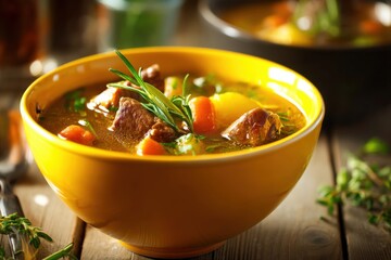 A vibrant yellow bowl filled with hearty beef stew featuring chunks of meat, carrots, potatoes, and herbs, garnished with fresh rosemary on a rustic wooden table