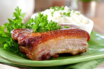 Juicy, crispy pork belly with fresh parsley sprigs and creamy mashed potatoes, beautifully presented on a green plate