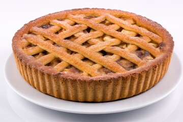 A golden-brown apple pie with a lattice crust sits invitingly on a white plate, showcasing a perfect blend of texture and sweetness
