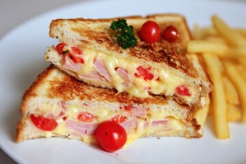Golden-brown grilled sandwich with melted cheese, ham, cherry tomatoes, garnished with parsley, served with crispy fries on a white plate