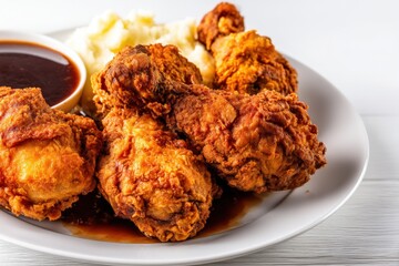Golden, crispy fried chicken drumsticks served with mashed potatoes and a side of tangy sauce on a white plate.
