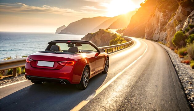 Red convertible car driving along a coastal road with ocean views and mountain cliffs during sunset - Powered by Adobe