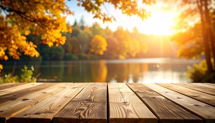 Autumnal Lakeside Serenity: Golden Hour Wooden Table