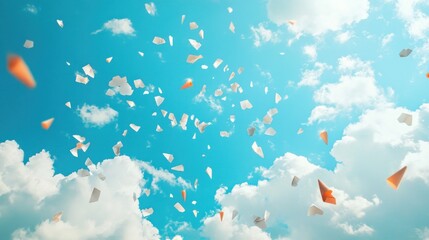 White and orange paper confetti falling against a bright blue sky with fluffy clouds.