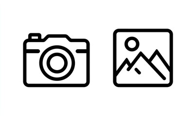 Simple vector icon of two images, one landscape and the other portrait, on a white background, with black line art and no color, and a flat design style, Generative AI.