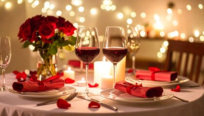 Romantic Dinner Table Setting with Red Wine Roses Candles and Fairy Lights image