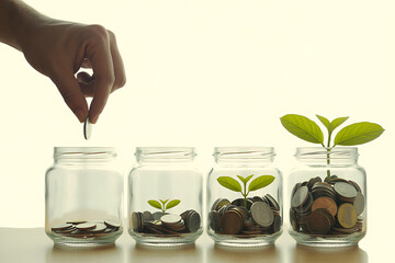 Hand dropping coin into glass jar with growing plant symbolizing financial growth